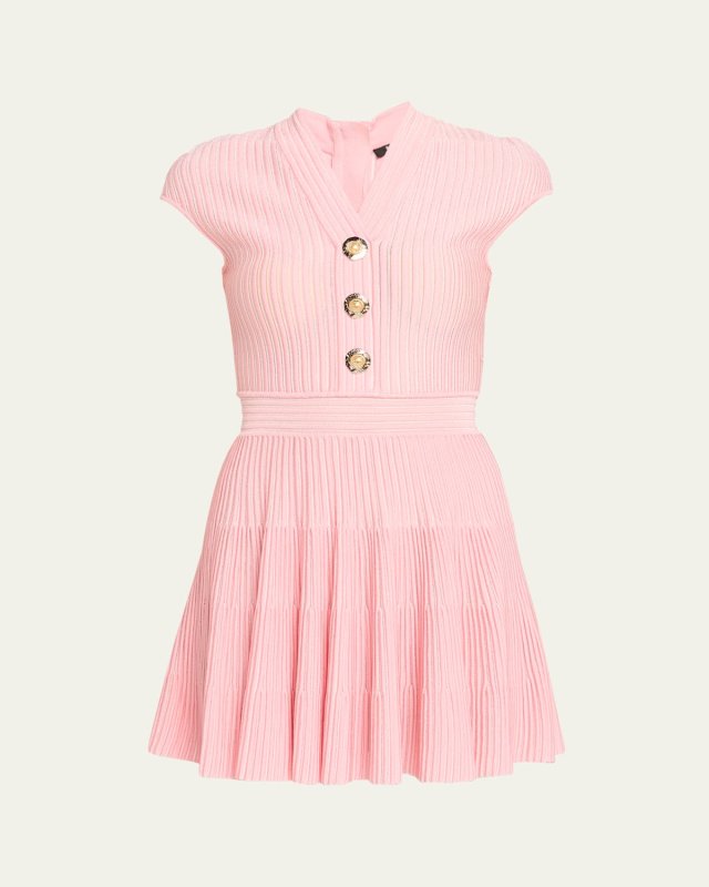 Short-Sleeve Flechage Knit Flare Mini Dress
